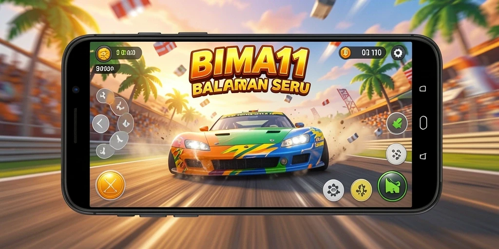Tampilan gameplay BIMA11 dengan aksi balapan yang mendebarkan.