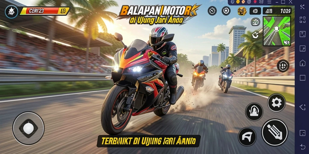 Screenshot gameplay CERI123 menampilkan balapan motor yang seru dan mendebarkan.