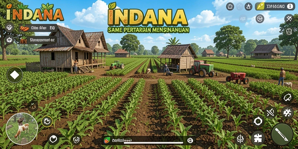 Screenshot gameplay <strong>INDAAA</strong> memperlihatkan ladang yang subur dan aktivitas pertanian.