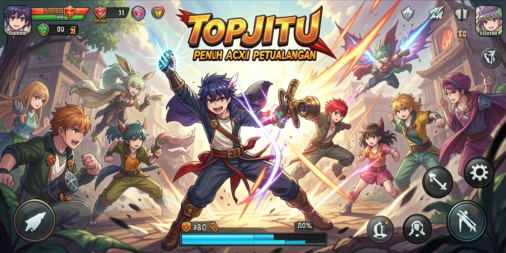 Tampilan gameplay dari TOPJITU yang menampilkan aksi karakter Anime.