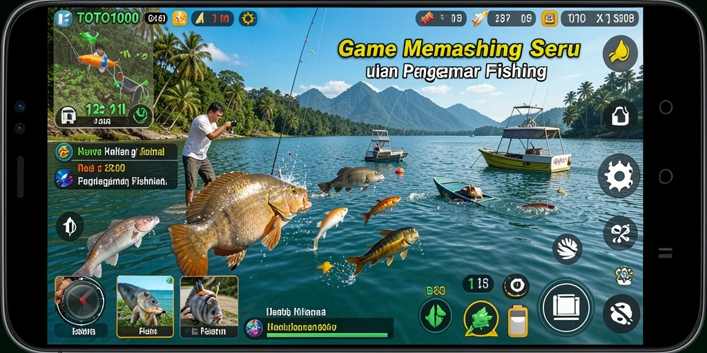Tampilan gameplay TOTO1000 yang menarik saat memancing di danau.